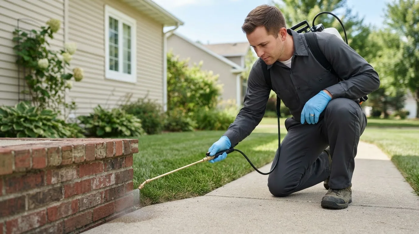 Pest control technician treating a home near Paris, MI